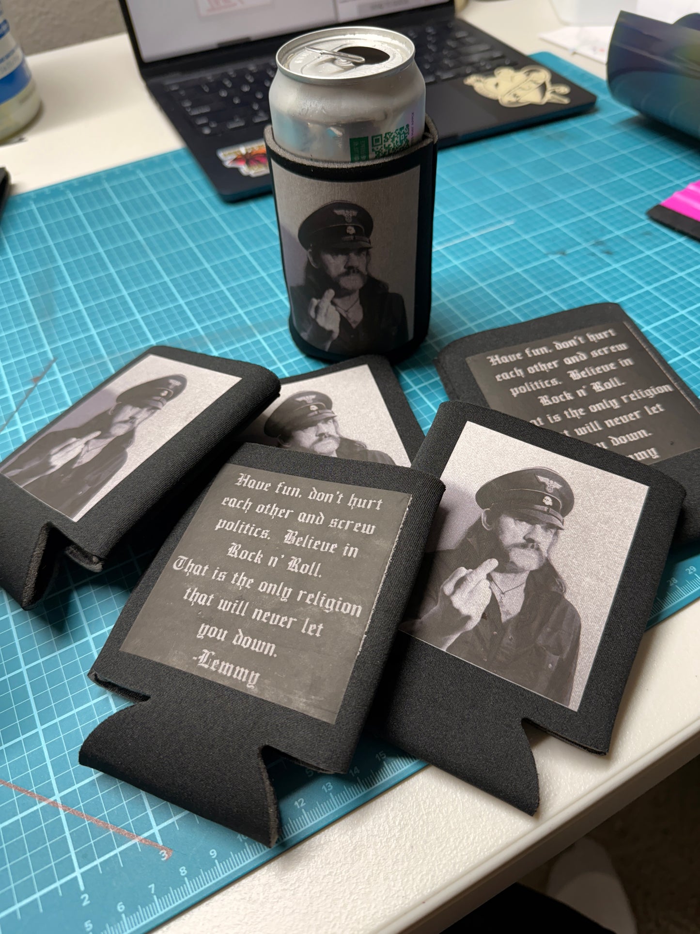 Lemmy beer coozie, motorhead, coozie, quote, rockstar,