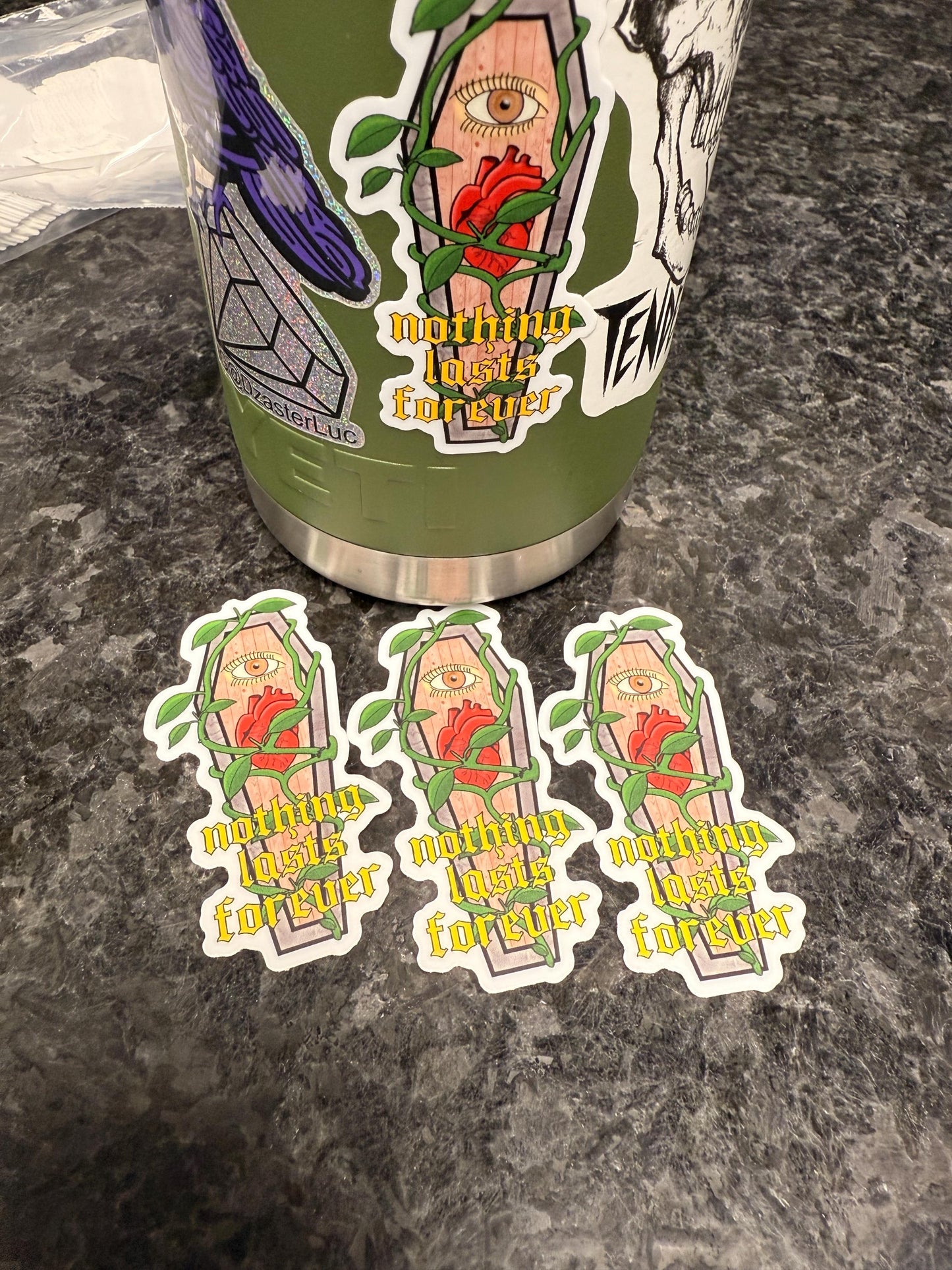 coffin sticker, laptop, water bottle, hydroflask, yeti cooler, nothing lasts forever 2-1/2”x1-1/4”