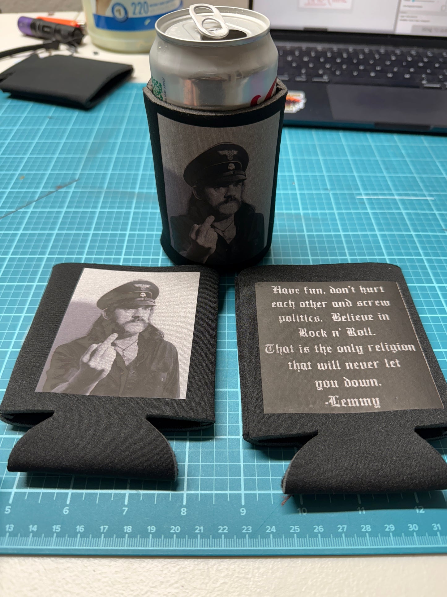 Lemmy beer coozie, motorhead, coozie, quote, rockstar,