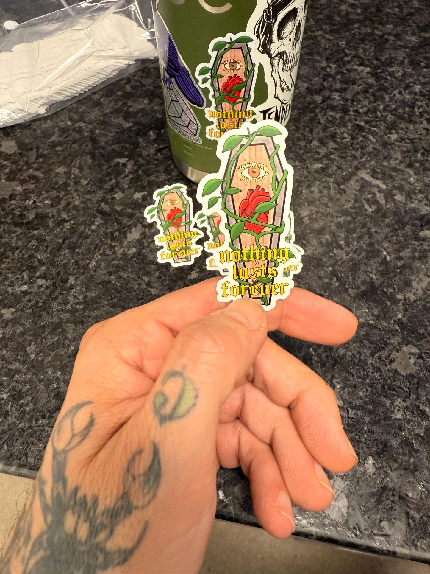 coffin sticker, laptop, water bottle, hydroflask, yeti cooler, nothing lasts forever 2-1/2”x1-1/4”