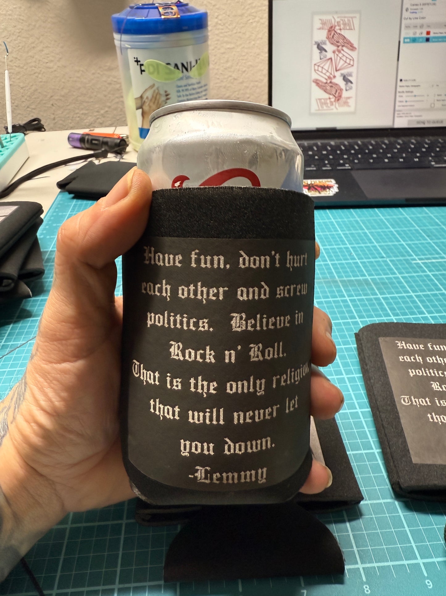 Lemmy beer coozie, motorhead, coozie, quote, rockstar,