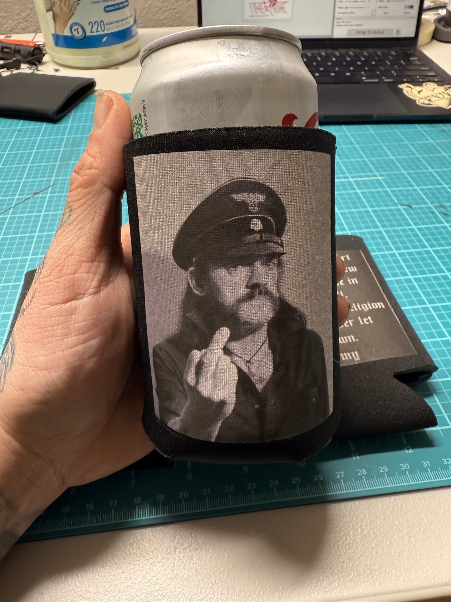 Lemmy beer coozie, motorhead, coozie, quote, rockstar,